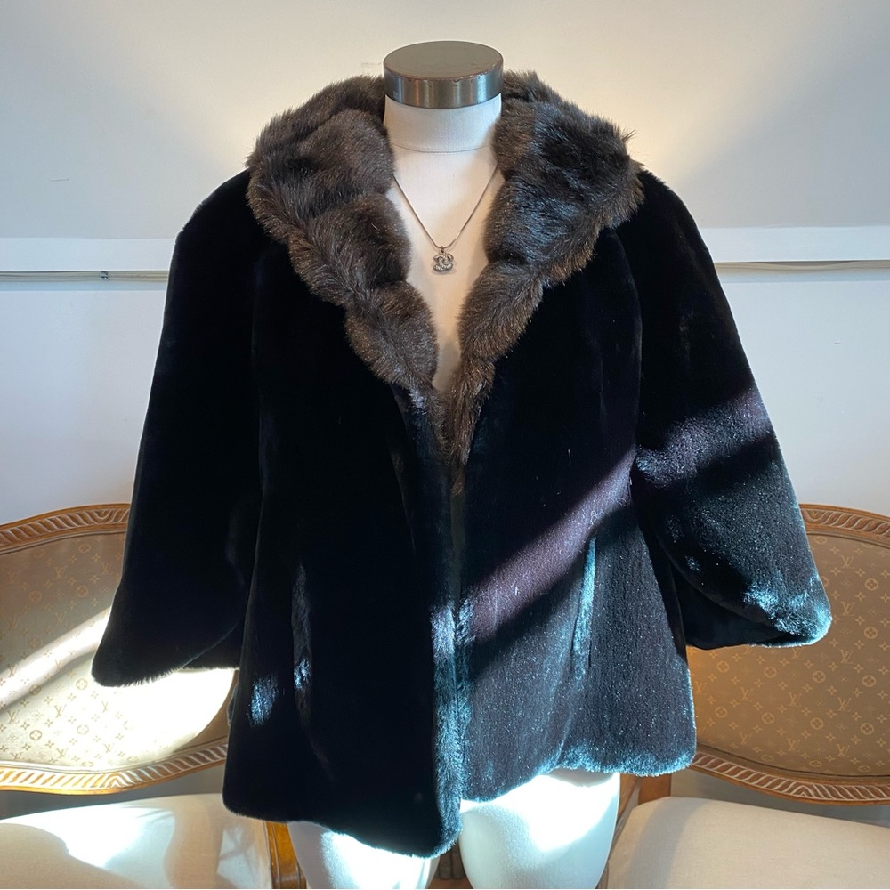 Vintage 1960s Luxurious Black Faux Fur Women's Coat by Glenoit, Old Money Glam